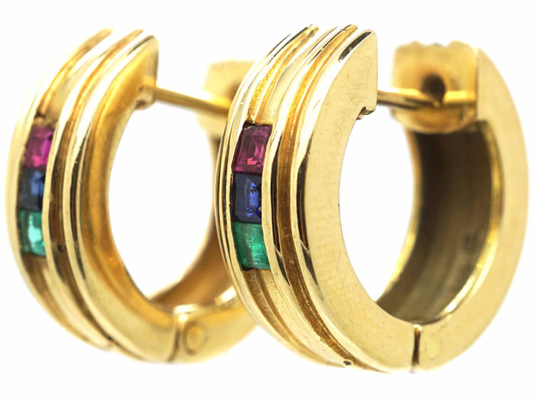 14ct Gold Hoop Earrings set with Rubies, Emeralds & Sapphires