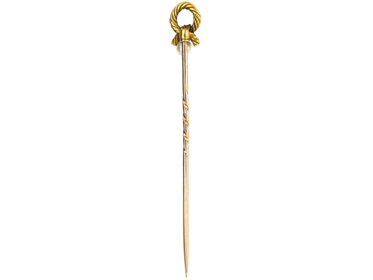 Edwardian 15ct Gold Knot Tie Pin set with a Natural Pearl
