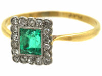 Art Deco 18ct Gold & Platinum, Emerald & Diamond Rectangular Shaped Ring