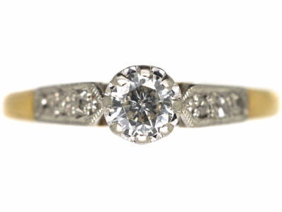 18ct Gold & Platinum, Diamond Solitaire Ring with Diamond Set Shoulders