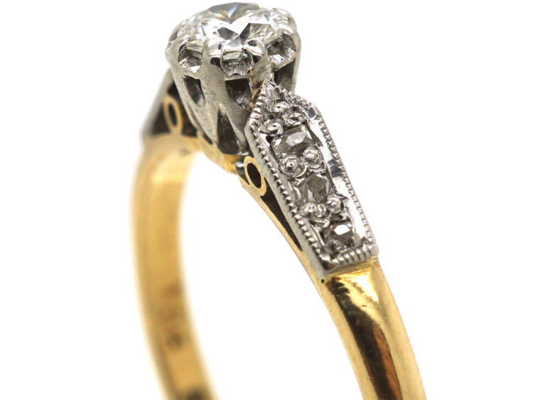 18ct Gold & Platinum, Diamond Solitaire Ring with Diamond Set Shoulders