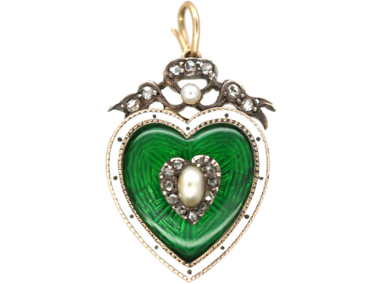 Edwardian 15ct Gold Green & White Enamel Heart Pendant with Rose Diamond & Natural Split Pearl Heart Centre
