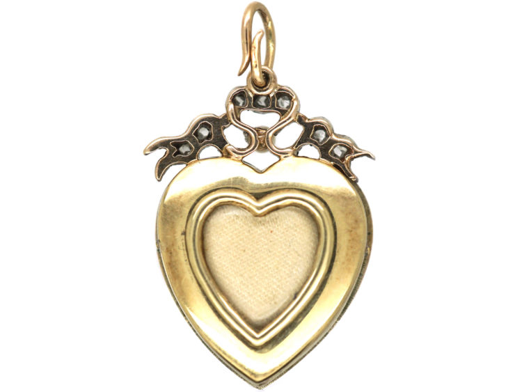 Edwardian 15ct Gold Green & White Enamel Heart Pendant with Rose Diamond & Natural Split Pearl Heart Centre