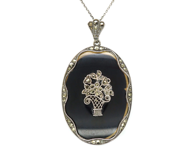 Art Deco Silver, Onyx & Marcasite Pendant with Flower Basket Motif on Silver Chain