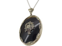 Art Deco Silver, Onyx & Marcasite Pendant with Flower Basket Motif on Silver Chain