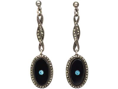 Art Deco Silver, Onyx, Marcasite & Paste Drop Earrings