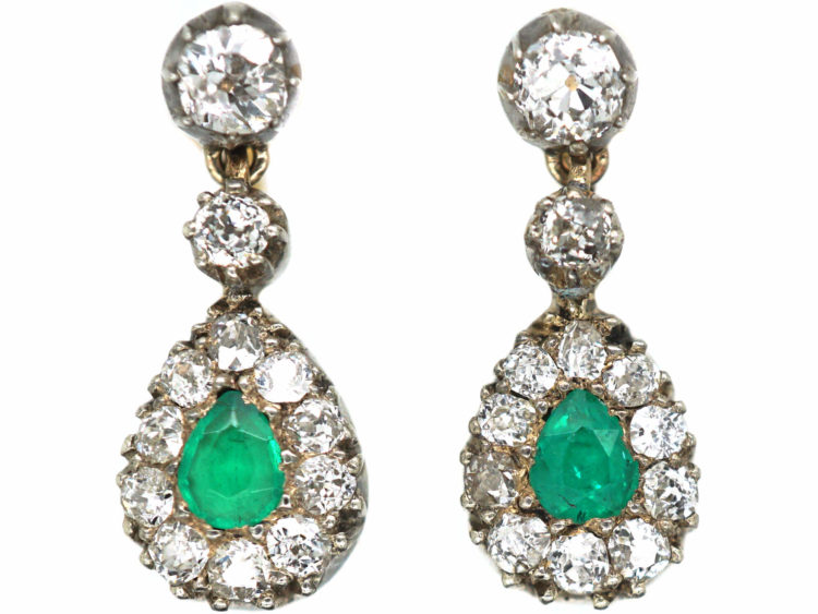 Edwardian Diamond & Emerald Drop Earrings
