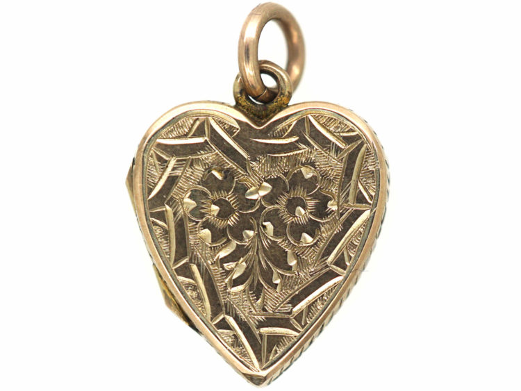 Edwardian 9ct Gold Heart Shaped Locket with Flower & Shield Engraving