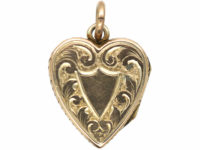 Edwardian 9ct Gold Heart Shaped Locket with Flower & Shield Engraving