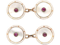 Edwardian 15ct Gold Round Mother of Pearl, White Enamel & Ruby Cufflinks