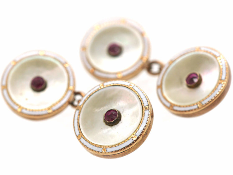Edwardian 15ct Gold Round Mother of Pearl, White Enamel & Ruby Cufflinks