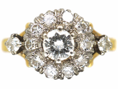 Edwardian 18ct Gold & Platinum Diamond Cluster Ring with Diamond Set Shoulders