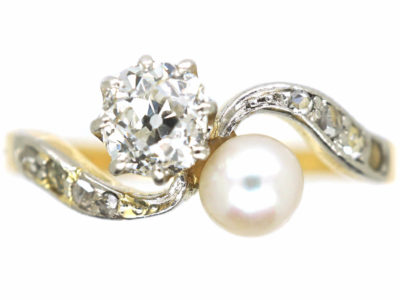 Edwardian 18ct Gold & Platinum, Diamond & Pearl Crossover Ring