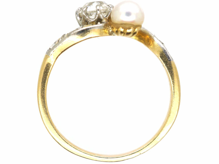 Edwardian 18ct Gold & Platinum, Diamond & Pearl Crossover Ring