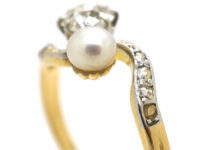 Edwardian 18ct Gold & Platinum, Diamond & Pearl Crossover Ring