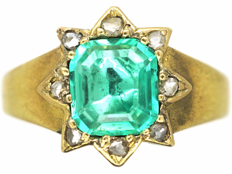 Victorian 18ct Gold, Emerald & Rose Diamond Cluster Ring