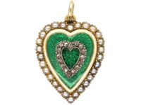Edwardian 15ct Gold, Green & White Enamel Natural Split Pearl & Rose Diamond Heart Pendant with Locket Back