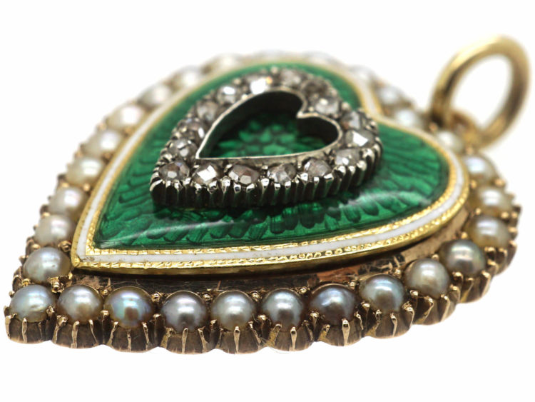 Edwardian 15ct Gold, Green & White Enamel Natural Split Pearl & Rose Diamond Heart Pendant with Locket Back