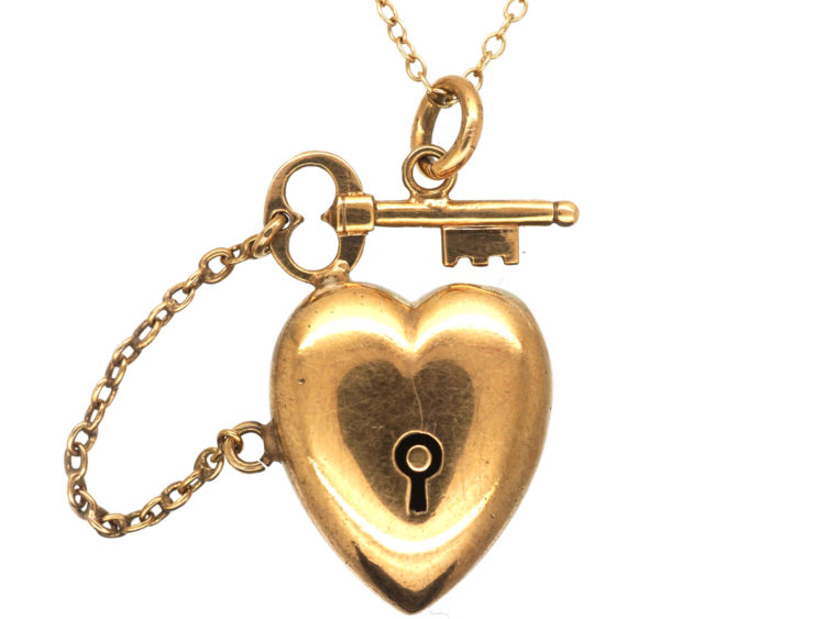 Edwardian 9ct Gold Heart & Key to Your Heart Pendant on 9ct Gold Chain