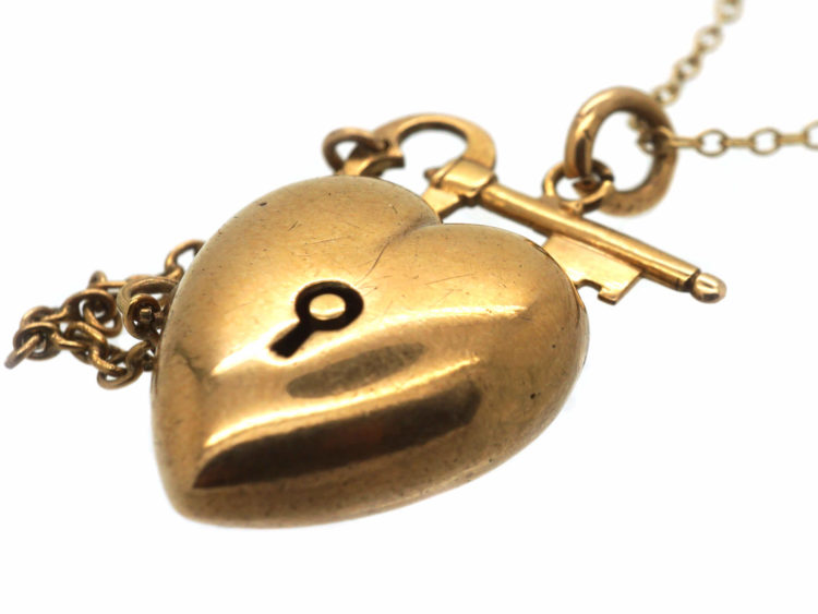 Edwardian 9ct Gold Heart & Key to Your Heart Pendant on 9ct Gold Chain
