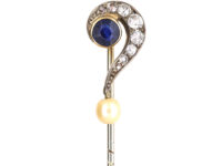 Edwardian Question Mark Tie Pin set with a Sapphire, Diamonds & a Natural Pearl
