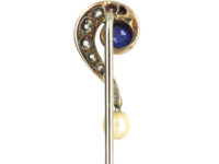 Edwardian Question Mark Tie Pin set with a Sapphire, Diamonds & a Natural Pearl