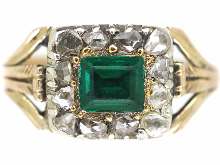 Georgian 15ct Gold, Emerald & Rose Diamond Rectangular Design Ring