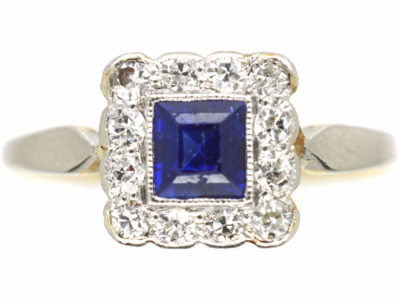 Art Deco 18ct Gold & Platinum, Sapphire & Diamond Square Ring