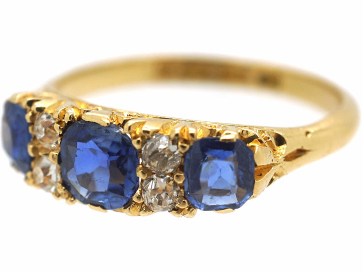 Edwardian 18ct Gold Sapphire & Diamond Carved Half Hoop Ring