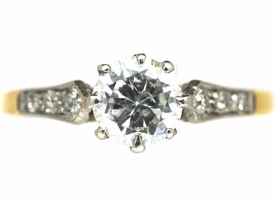 Retro 18ct Gold & Platinum, Diamond Solitaire Ring with Diamond Set Shoulders