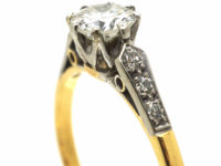 Retro 18ct Gold & Platinum, Diamond Solitaire Ring with Diamond Set Shoulders