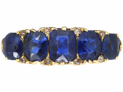 Victorian 18ct Gold Five Stone Sapphire & Rose Diamond Carved Half Hoop Ring