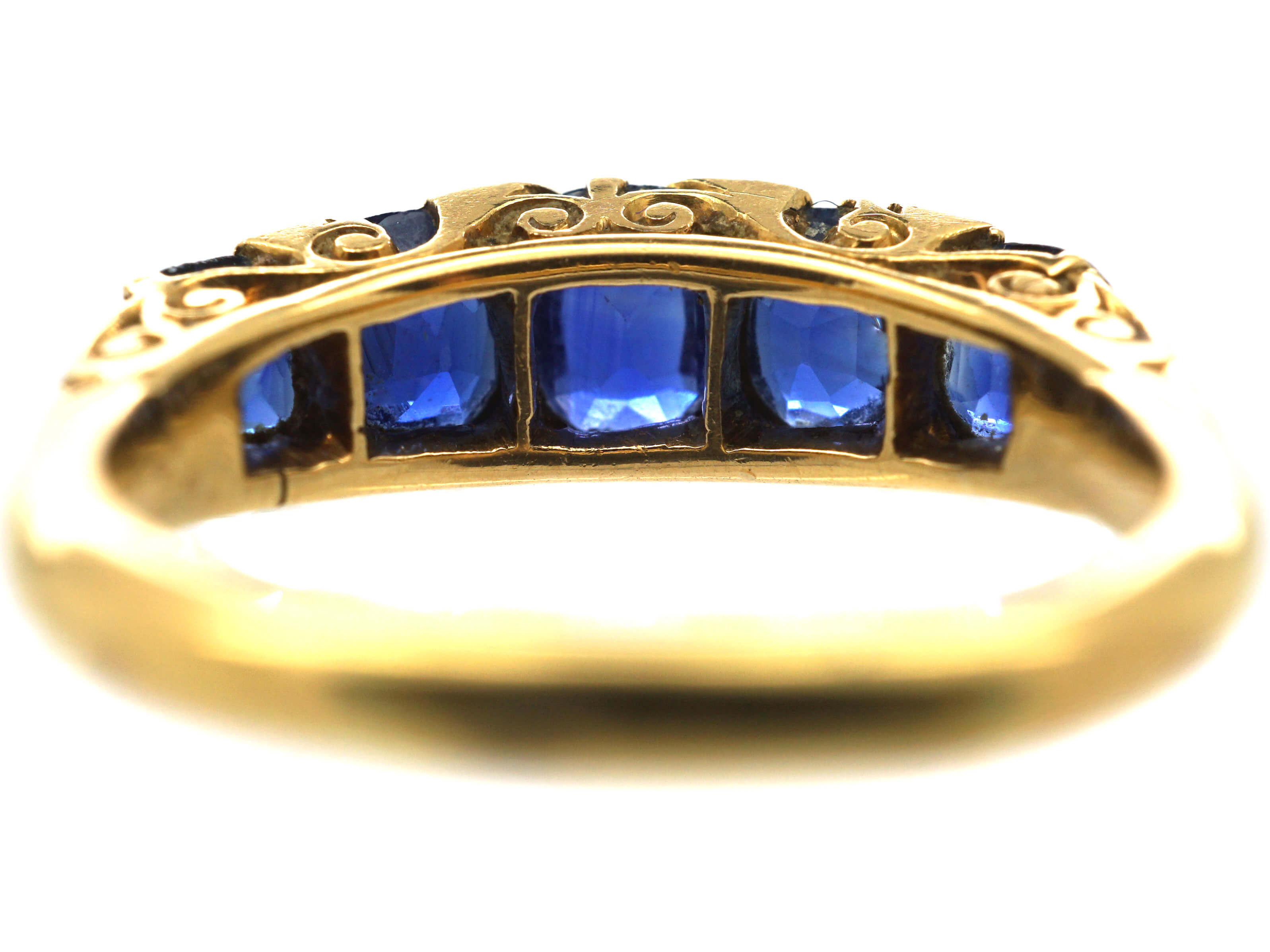 Victorian 18ct Gold Five Stone Sapphire & Rose Diamond Carved Half Hoop ...