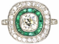 Art Deco Platinum, Emerald & Diamond Target Ring