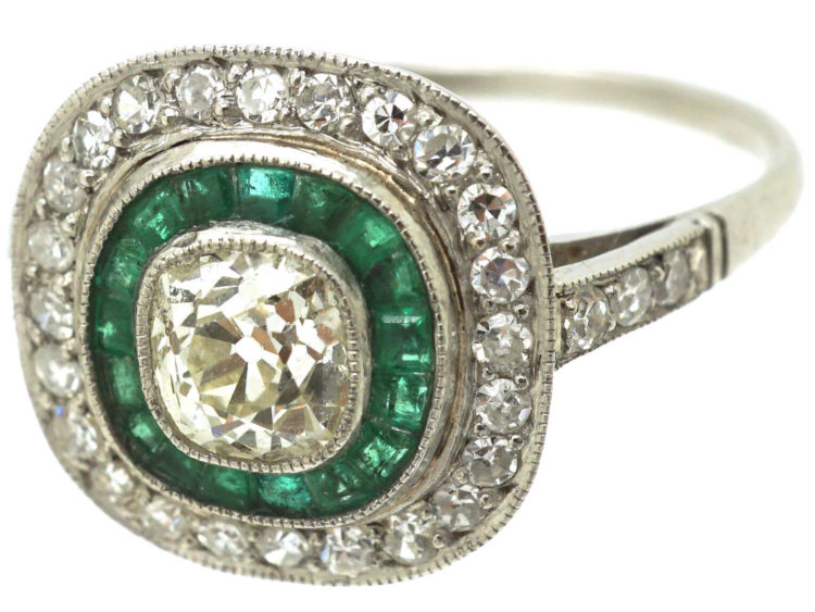 Art Deco Platinum, Emerald & Diamond Target Ring