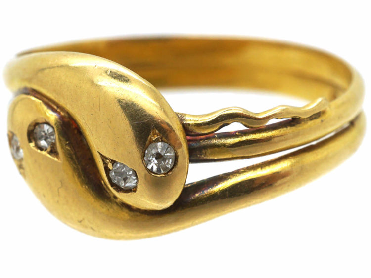 Victorian 18ct Gold Entwined Double Snake Ring with Diamond Set Eyes