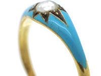 Early Victorian 15ct Gold, Blue Enamel & Natural Split Pearl Ring