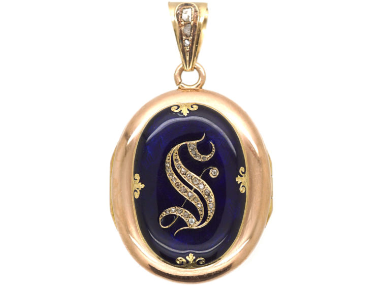 French 18ct Gold, Blue Enamel & Rose Diamond Oval Locket with the Letter S