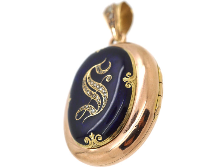 French 18ct Gold, Blue Enamel & Rose Diamond Oval Locket with the Letter S