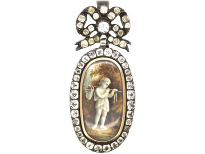 French Early 19th Century Silver & Paste Miniature Pendant of a Young Boy With Fishing Net & Fish