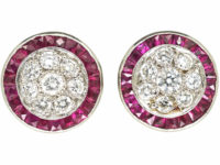 Art Deco Platinum Target Earrings set with French Cut Rubies & Diamonds