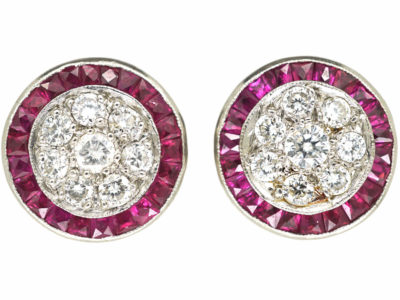 Art Deco Platinum Target Earrings set with French Cut Rubies & Diamonds