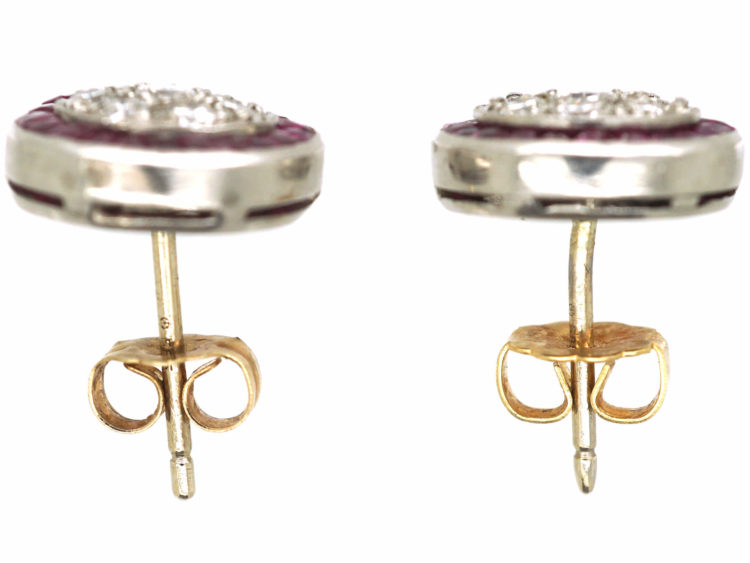 Art Deco Platinum Target Earrings set with French Cut Rubies & Diamonds