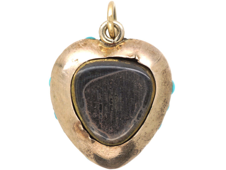 Victorian 9ct Gold, Turquoise & Natural Split Pearl Heart Forget Me Not Pendant