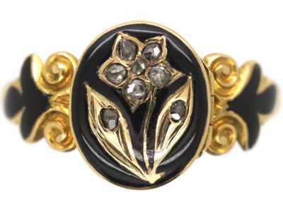 Early Victorian 15ct Gold, Black Enamel & Rose Diamond Pansy Ring with Hidden Compartment
