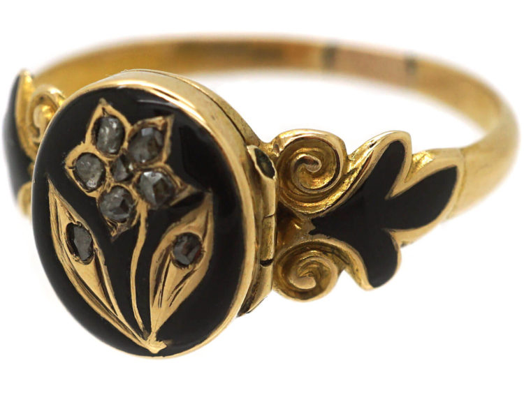 Early Victorian 15ct Gold, Black Enamel & Rose Diamond Pansy Ring with Hidden Compartment