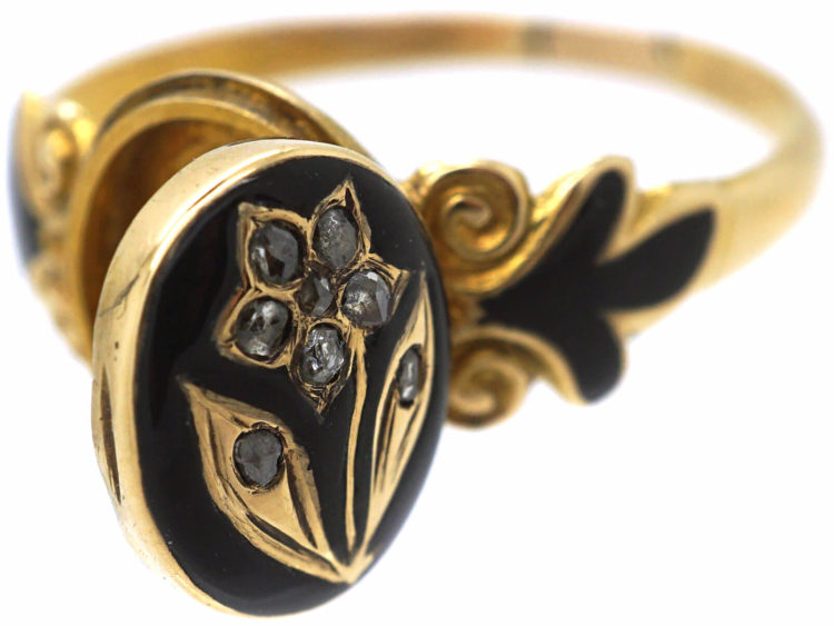 Early Victorian 15ct Gold, Black Enamel & Rose Diamond Pansy Ring with Hidden Compartment