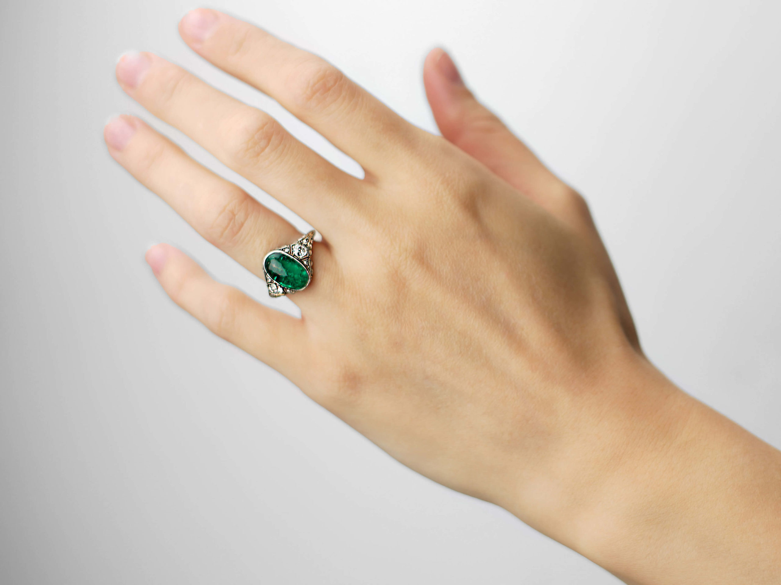 Art Deco Platinum Large Cabochon Emerald & Diamond Ring (299N) | The ...