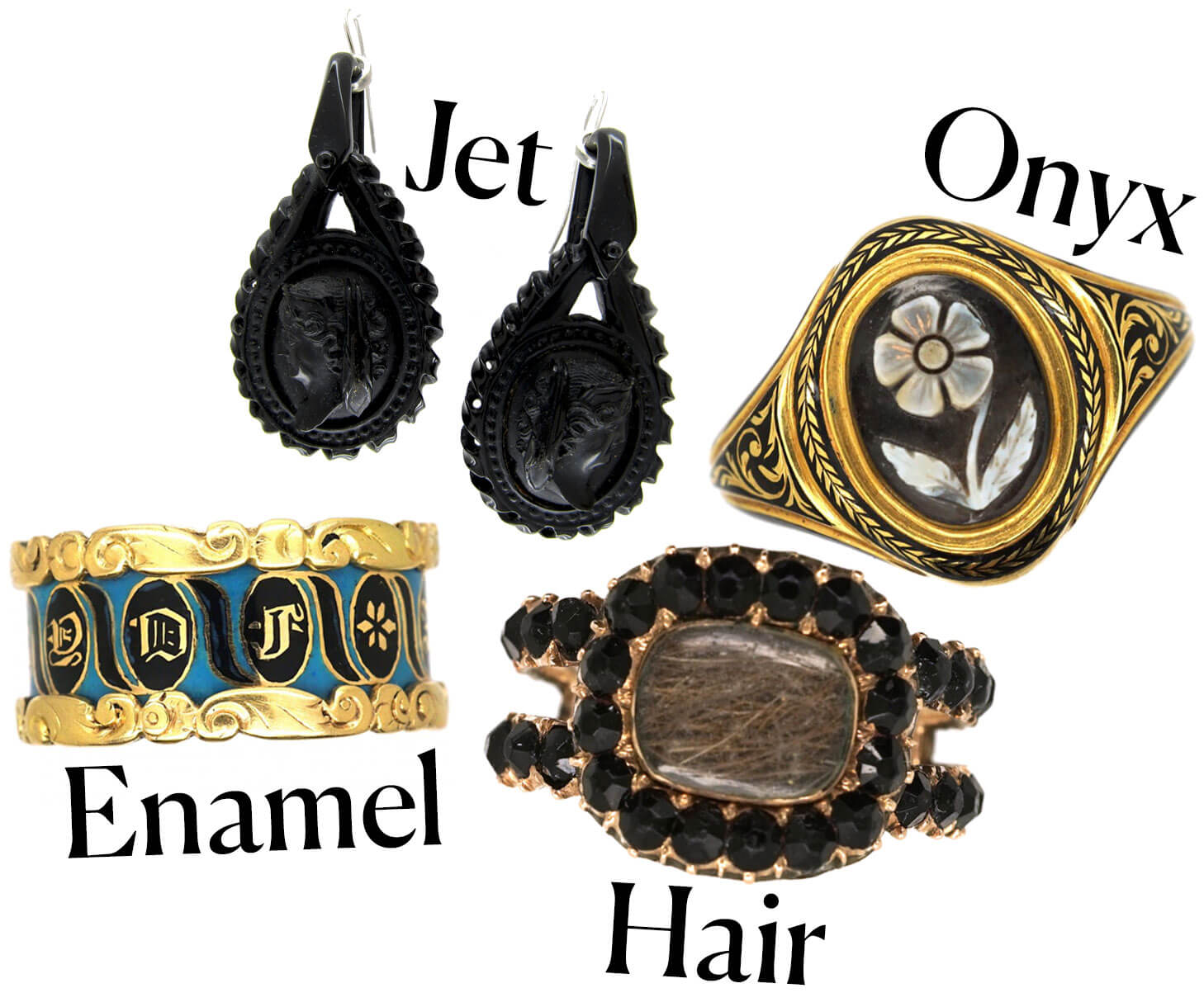 Mourning jewellery - jet, onxy, enamel and hair