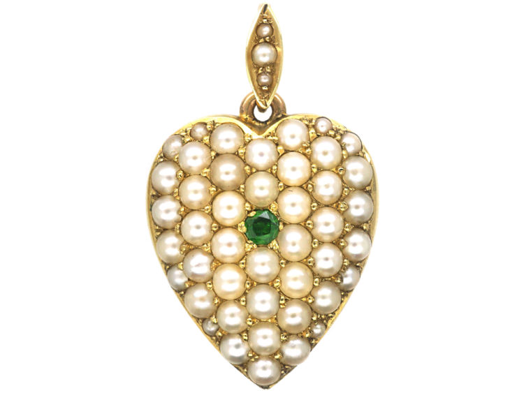 Edwardian 15ct Gold Heart Pendant Pave Set With Natural Split Pearls & a Green Garnet